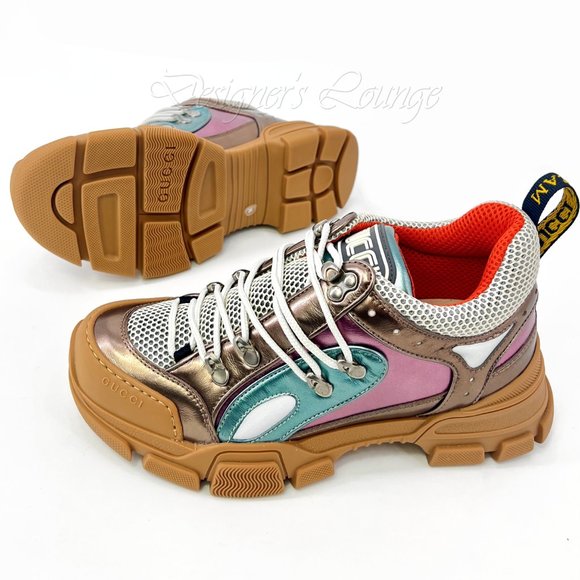 ⚡️SOLD! NEW GUCCI Flashtrek EU 39 / US 8.5 Metallic Leather SEGA Logo Sneakers - Picture 7 of 12